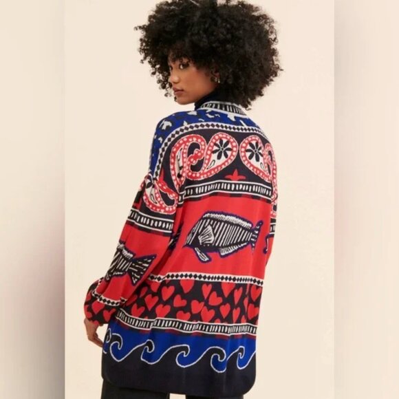 FARM Rio Navy Mixed Prints Fish Knit Cardigan Size L - Picture 3 of 4